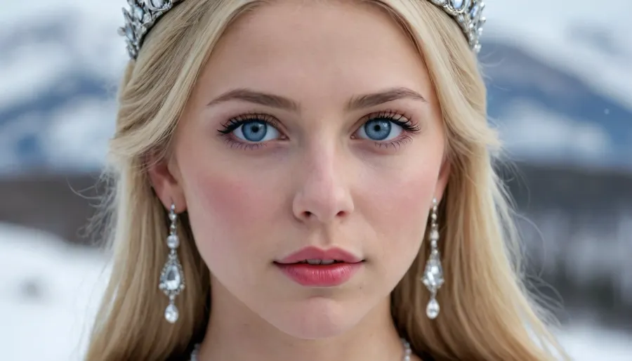 Masterpiece, realistic photography, of an enchanting Nordic princess, 20 years-old, ultra-realistic, blonde hair, flawless white clear skin, detailed body, detailed face, realistic body, realistic face, beautiful piercing blue eyes, realistic eyes, angelic face, sultry looking, distant look, 3/4 view, snowy tundra, background, peaceful face, wearing tiara, and earrings, with red diamonds droplets, classic medieval outfit, close-up face, cinematic view, background blur, large format