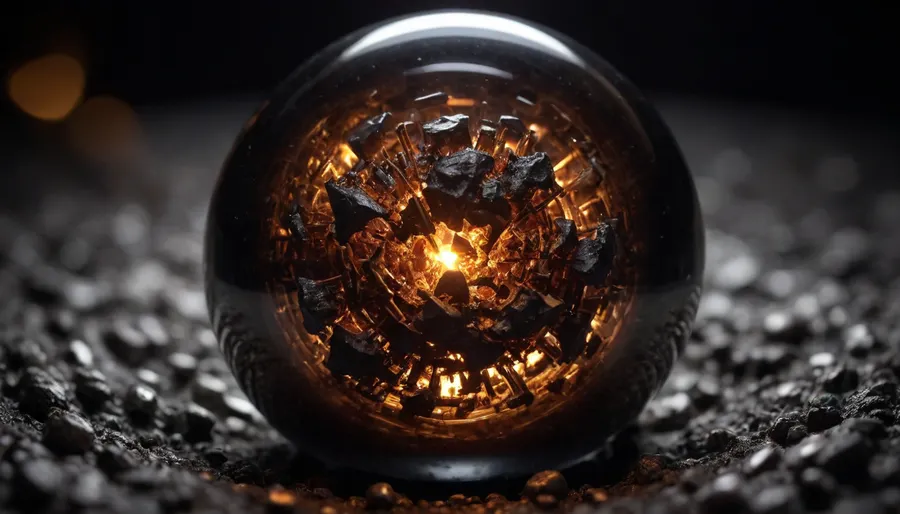 microfragments of pirite in metal sphere, glowing dark as background like deeo universum