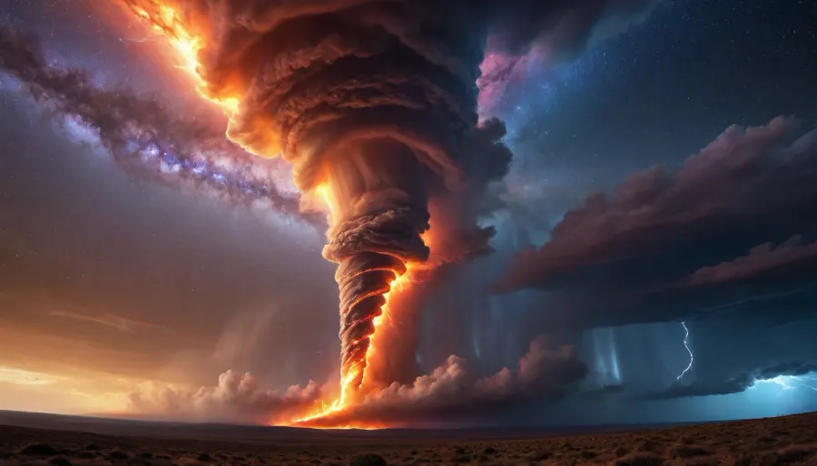fire tornado from ocen raibow auras and dramatic louds, milky way