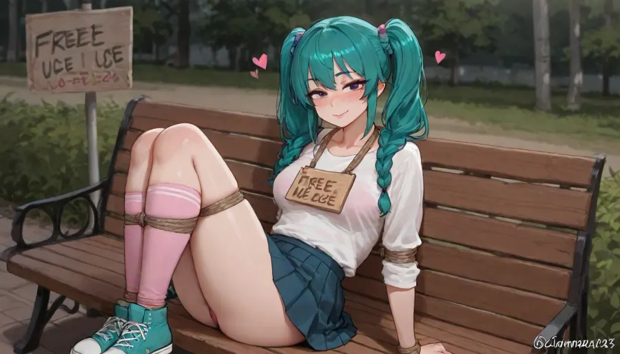 (park at night), sitting on park bench, books, college student, (26 years old), A very attractive college student, teal hair, braided twin tails, perfect abs, perfect face, pink lipstick, teal pleated miniskirt, white shirt, pink bra, pink panties, pink heart errings, pink knee high socks, teal converse shoes, pink eyeliner, cute face, happy expression, (medium breasts), freckles, (arms tied with rope, legs tied with rope), (sign that reads "FREE USE" around neck:2), <lora:ratatatat74-000050:.6>, <lora:outline_xl_kohaku_delta_spv5x:1.4>, <lora:cartoon_stickers_xl_v1:1>, <lora:shibari_bondage_-_v0.9.1.2-000010:1.8>