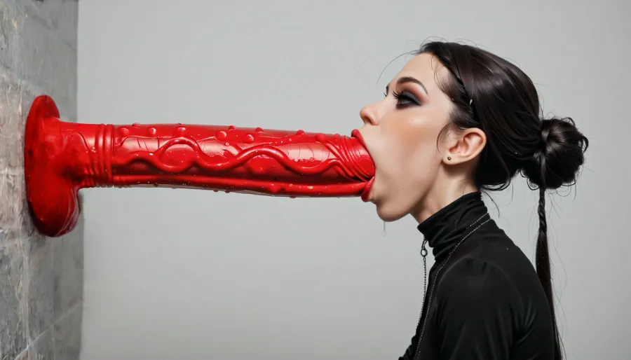 (Skinny long leged:1.1), 18 years, adult, gothic slut, dolls Kill Collection, (Dildo is halfway in throat:1.4), (Both hands grasp the dildo:1.2), mouth full of hyper Red dildo, gigantic throat bulge, hyper throat bulge, extreme hyper neck bulging, bathroom, side view, mouth just the head of the giant dildo in, dildo size of the pic, Dollskill, <lora:Dollskill_Downbeat_Spiked:2>
