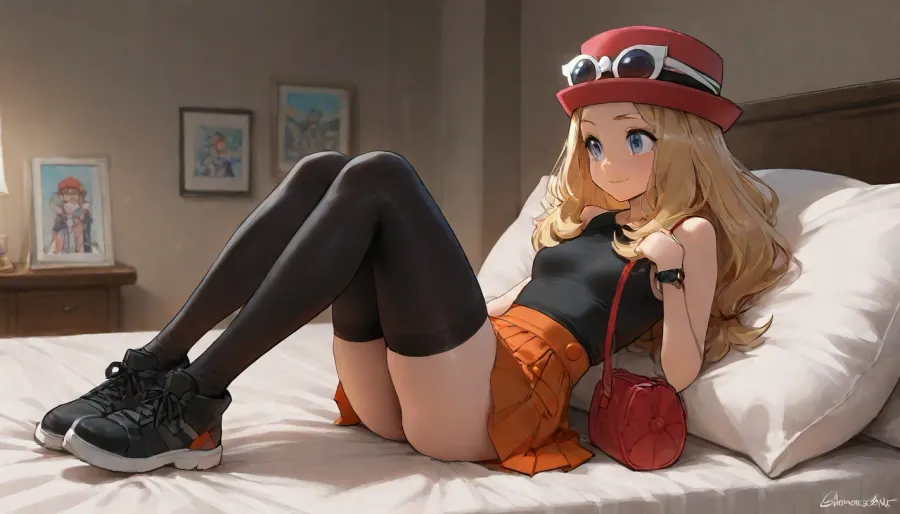 18 year old girl, serena from pokemon, small breasts, a-cup breast, petite body, A young, slender Caucasian female with long, wavy blonde hair and blue eyes. She is wearing a black short-sleeved top with a small black collar, a pleated orange skirt with two pockets, and black thigh-high stockings. On her feet, she has black sneakers with pink accents. Her accessories include a red hat with white-rimmed sunglasses, a black bracelet on her right wrist, and a large red handbag over her left shoulder. She has a happy and inviting expression, background bedroom., samdoesart, <lora:outline_xl_kohaku_delta_spv5x:1.1>, <lora:tbh34-sdxl:.8>, <lora:samdoesart_style_xl_v1:.9>