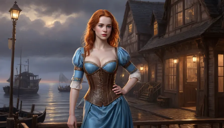 (one woman, Mirabelle Monet from Oblivion, french, mature 40 year old, ginger hair, small breasts, chubby), (outside medieval small seaside inn by the docks, dark rainy evening), (wearing sky blue dress with brown laced bodice corset), (hands on hips), (artwork, digital painting, concept art, by syd mead, flat colors), <lora:LegendDarkFantasy-000001:1>