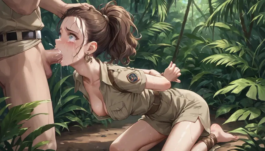 anime, single college woman with brown hair in a ponytail and wearing a khaki safari outfit, slim build, medium breasts, kneeling, hands behind back, (throat fuck), in the jungle, scared, tears
