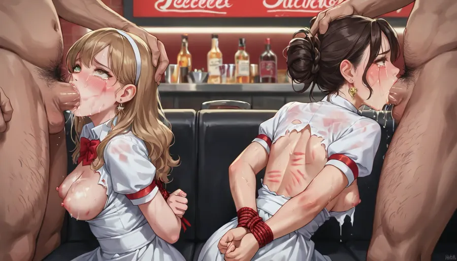best quality, clean art, (2girls, 2men), college student with brown hair, medium breasts, ripped waitress uniforms, hands bound behind back, ((marks on body, marks on tits)), (back to back, face fuck, deep throat), diner, fucked by old men, humiliated, tears