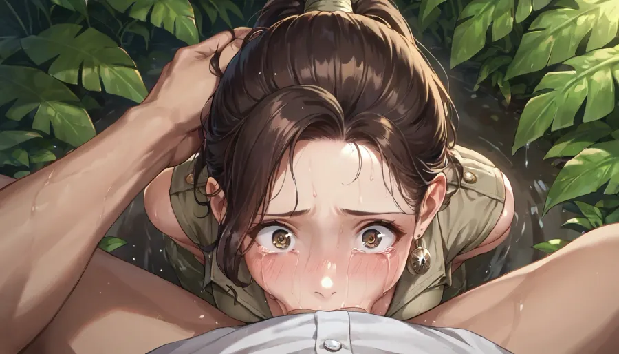 anime, single college woman with brown hair in a ponytail and wearing a khaki safari outfit, slim build, medium breasts, kneeling, hands behind back, (face fuck, deep throat), pov, in the jungle, scared, tears