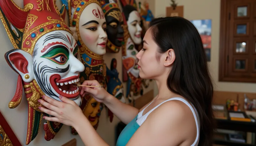 Indonesian artist finishes making a colourful mask of the demon Rangda, (cutting the demon's teeth with a thin chisel), . The mask hangs on the wall of the workshop surrounded by other masks., (Work process:1.4), photorealistic image, bright colours, natural lighting, bokeh.