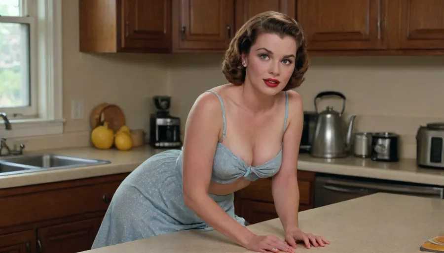 Nude woman, (1950s housewife:1.2), leaning over and wearing dress, boobs, downblouse, nipslip, Ad Americana Style, vintage painted advertisement, retro 1950's style, nipples, boobs falling out of dress, hand resting on countertop