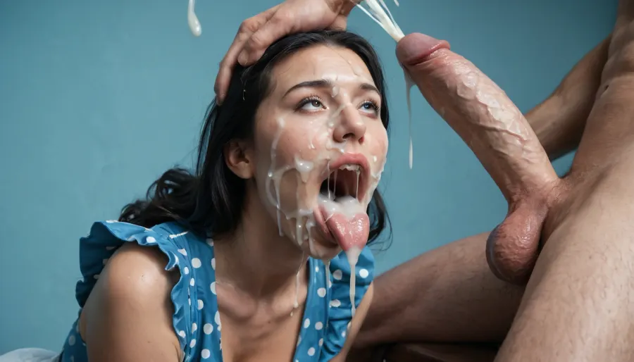 (milf:1.1), blue background, blue room, close-up of a white man's 19 inch huge thick monster penis, hard-on, big testicles, the white man is sitting with his back to the wall, masturbating, he is shooting a cumshot on the face of a busty mature white woman, long smooth black hair, wearing blue 1950s A-line dress with navy blue petticoat and white polka dot, white stockings, The white woman is laying on her back, (gaping mouth:1.2), (ejaculation:1.5), ((realistic excessive thick runny cum all over her face and body), licking the dickhead of the white man's penis, mouthfull of cum, excessive cum dripping out of her open mouth, mouth full of cum, lots of very thick cum, loads of cum, woman, on, face, excessive bukkake, cum, facialized, superfacialized)