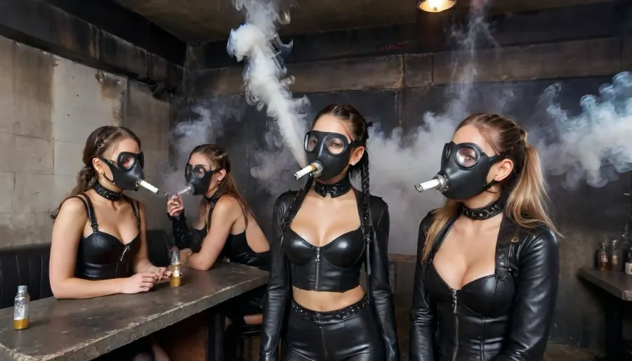 setting in a smoke bar, all humans use black latex gasmasks for inhaling smoke in smoke bars, the smoke bar has a sparkling clean white countertop with multiple ashtrays overflowing with butts, people put two or three cigarettes in their black gas masks, some people get really dizzy or pass out, 6 women with bdsm fetish style latex clothing are standing in a smoke bar, full body view, all six wear heavy leather chokers and heavy leather cuffs, catsuit, harness, biker style leather jacket, 2 blondes with one updo and one ponytail, one blackhaired with 2 braids, all have lit cigarettes in their masks, heavily breathing in smoke because they are strongly addicted, smoke jets come from the exhale valves, all women make sure they chainsmoke because they really need the smoke, they exhale large amounts of thick smoke, the air in the room is full of smoke, Full Body view, (forced smoking), (score_9, score_8_up, score_7_up, UHD 8K, masterpiece, best quality, maximum details, natural light, extreme realism, cinematic still), gas, mask, filter, breathing, hose, lenses, latex, smoking, smoke, coming, out, of, the, mouth, smokinglora, Dollskill, <lora:polyhedron_gas_mask-000006:2>, <lora:Smoking_Babes_XL_V2:2>, <lora:smoking_v2:2>, <lora:Dollskill_Downbeat_Spiked:.8>