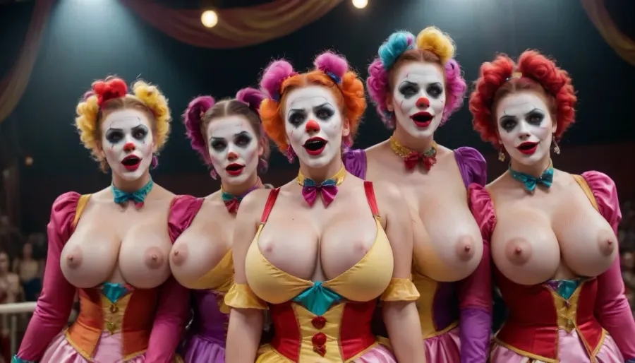a circus arena is filled with 8 beautiful young female clowns doing various jokes and acrobatic entertainment, all of them has enormously large huge breasts, cutout, clothing, nipples, <lora:2BoutOvalSDXL2-000002:.8>, large, breasts, big, boobs, huge, tits, <lora:bombshell_v2:.8>