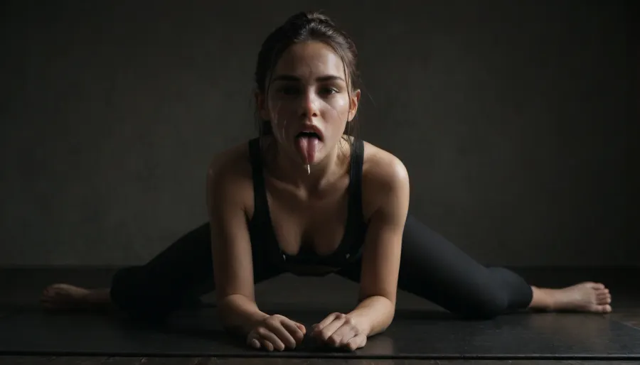 19 year old gorgeous young barefoot yoga instructor, ((cum on face)), ((cum on tits)), (face focus), (feet focus), brunette, high ponytail, arms crossed, exposed medium breast, black yoga pants, shiny wet breast, perfect tits, on her knees, full body view, looking up at viewer, mouth open, (very long very flat wide light tongue out down:1.666), (prominent feet), (perfect detailed toes), (yoga studio background:.666), <lora:dark:.1>