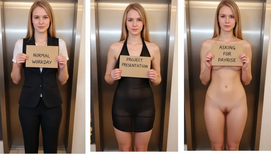 side-by-side three pictures of a young Norwegian, slim, woman, with blonde hair, standing in front of a lift. On the first picture on the left she wears a formal pantsuit, and holds a handmade sign with text "NORMAL WORKDAY". On the second picture in the middle she wears a black transparent dress, black see-thru dress, and holds a handmade sign with text "PROJECT PRESENTATION". On the third picture on the right she is completely naked, nude, and holds a handmade sign with text "ASKING FOR PAYRISE".