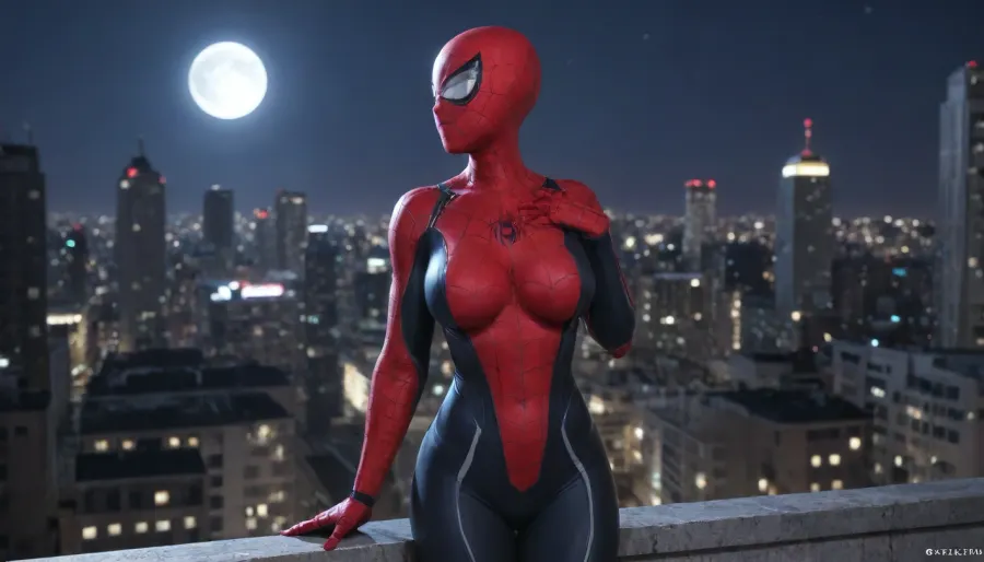spidergirl, (big breasts:1.6), big city, rooftop, (open bodysuit:1.5), spiderman mask in hand, breasts out, night, full moon, back view, ps4, spider, printing, red, bodysuit, large, breasts, big, boobs, huge, tits, longnips, <lora:d0429b4d-4b02-4aad-b9e8-d20d30298f9f (1):.8>, <lora:bombshell_v2:1>, <lora:longnipsxl:1.2>