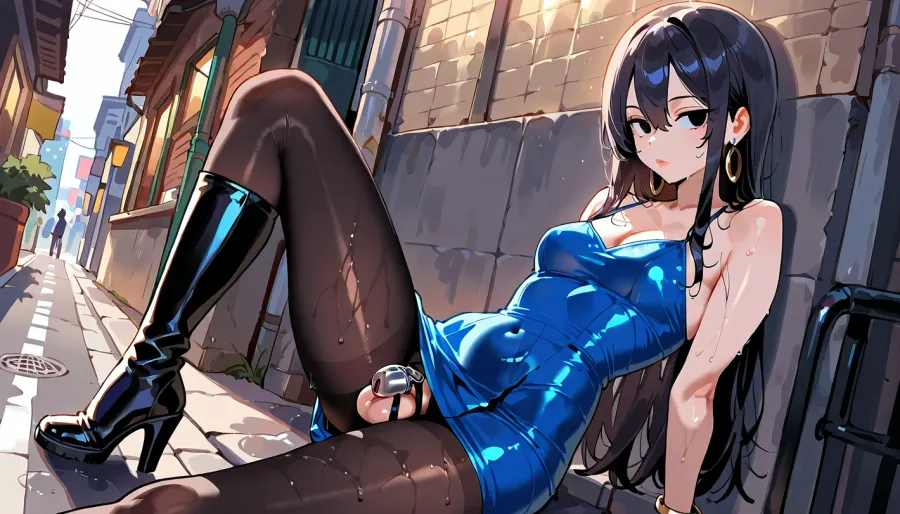 best quality, ultra-detailed, 8k, femboy in a city street at night, quite rainy, summer, random posing against wall, solo, clearly visible round balls, chastity cage on penis, slim body shape, long hair, emotionless, cute wet dress, knee-heeled boots, bracelets, thin tights, black colour eyes, smokey eyes, lips, Puffy, Detailed, <lora:Lips._Fleshy_lips_Anime-000009:1>