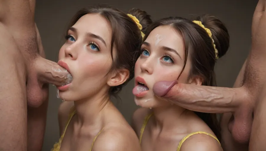 Disney beauty, French, full body view, close up, long brown hair, hair up with hair accessory, white stockings, yellow lingerie, yellow garter belt, blue eyes, huge cock, seductive, deep throat, blowjob, anal, stretch anus, painful anal, gang bang, group, unrealistic oral creampie, cum on tits, cum on face, naughty, excited, enthusiastic, wide eyes and surprised, ruined makeup, porn photoshoot, blushing, brown background