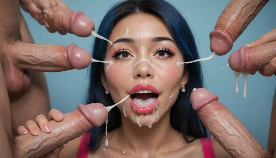 (happy surprised age 25 bukkake whore bimbo slut:1.4), (MILF:1.4), (Asian:1.9), long blue hair, excessive makeup, unnatural portrait twilight, painted eyes rollingshining iris, very long fake eyelashes, (((too much lipstick sturated))), deepred super glossy, big botox bimbolips, heavy eyeliner, heavy fashion makeup colourful, (slanted eyes:1.4), slick straight, (blowjob handjob cum facial vainy cock excessive cum dripping mouth:1.4), blue sky