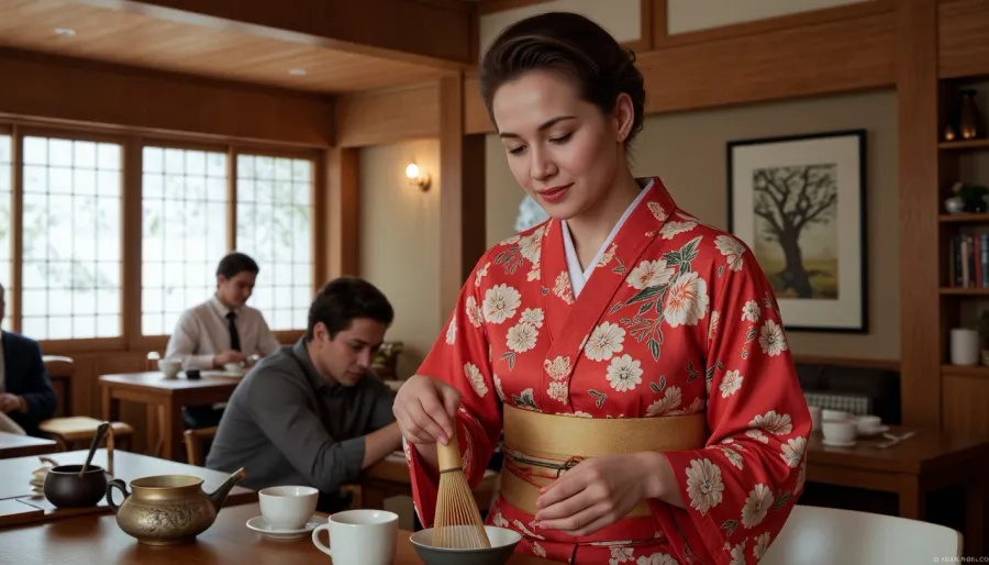 Photorealistic, photorealistic, realistic, {Japanese woman in a festive kimono—a tea ceremony master—conducting a master class using a bamboo whisk, dynamic movement, the tea-brewing process, in a traditional tea house}, vibrant, highly detailed, ultra-realistic, cinematic lighting, 8K