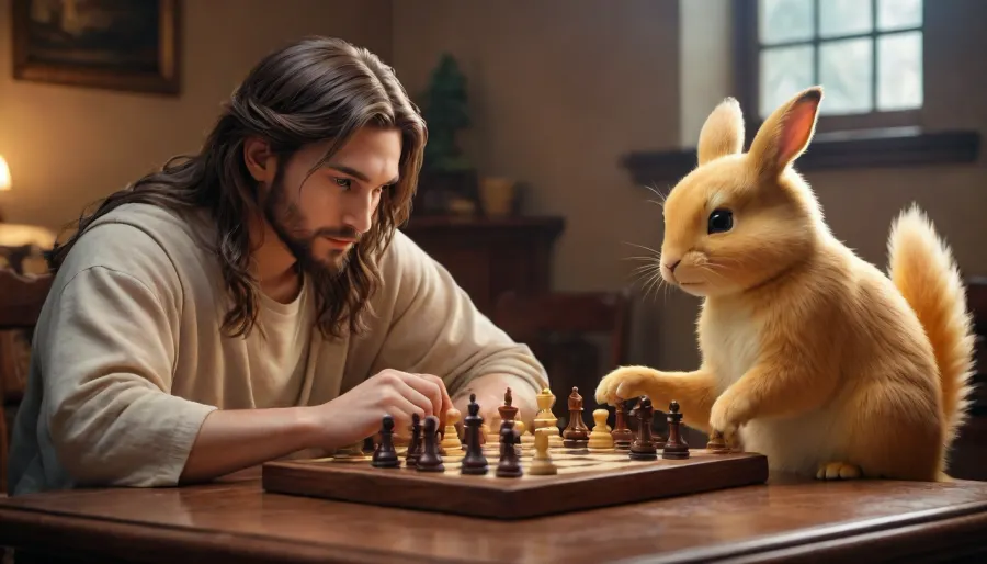Jesus play chess with Pikatchu, art style, painterly anime style, pixiv, redjuice, necömi, rella, tiv pixiv, anime art style, exquisite lighting and composition, very detailed, illustration, painterly anime-inspired art, aesthetically, painterly with impeccable attention to detail, natural beauty, warm color mood, light glowy finish, /KlTTY-ART/