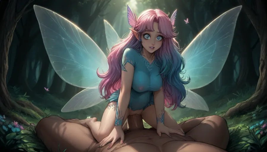 micro fairy, minuscule fairy, tiny fairy sharp silhouette, lithe body, naked, ((huge breasts, huge boobs, busty, tiny nipples)), .

Forest background., (((High contrast, bright backlight))), .

Score_9, score_8_up, score_7_up, reiq meets markgavatino and melkor mancin artstyle., (((pastel pink butterfly wings with blue membrane))), ((((hyper fairy wings)))), pastel pink and blue fry horns that curve back gracefully, ((cute fairy, large eyes)), ., ((Celtic markings cut into her skin)), nature tattoos.

exuding sexual energy, grimacing grin, eyes rolling back, in pain but also looking pleasured., (thick luxurious blond hair with pastel highlights, pastel hair, colossal hair, hair fetish, colossally long hair, multicoloured blue and purple accents), long elven ears, long well manicured nails, extremely long nails, stiletto heel.

getting fucked by a giant, (macro giant, huge giant, colossal size difference), vaginal penetration, cowgirl position, struggling to fit hyper penis in tiny vagina, (extreme penetration, hyper size difference, stomach bulge), hyper penis, macro man.

Ratatatat74, <lora:dark:1.8>, <lora:EnvyFairyQueenXL01:1.4>, <lora:cartoon_stickers_xl_v1:.8>, <lora:ratatatat74-000050:1.6>