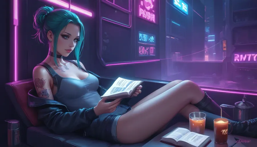 the neon glow of a cyberpunk metropolis, a stunning girl, she has cybernetic implants and glowing tattoos, slowly sipping a cup of hot tea, while reading a paper book, she looks up from the book and out the window to the streets outside which are bathed in pink and turquoise holographic lights, where among flying drones and digital ads, this contrast between the high-tech world and a quiet moment of human warmth creates an unforgettable magic. Her eyes, reflecting the neon light, are full of both strength and tenderness, cyberpunk, str33t, Cyberpunk, <lora:attractive_notrigger:2>, <lora:RMSDXL_Enhance:2>, <lora:cyberpunk_str33t:2>, <lora:EnvyCozyCyberpunkXL01:2>, <lora:Halcyon Cyberpunk Style:2>