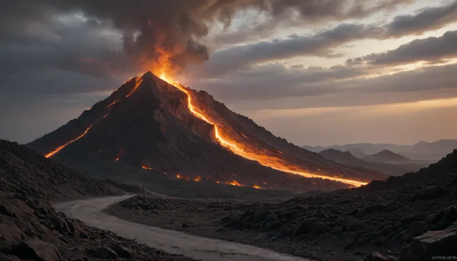 An erupting, irregularly shaped volcano in a major city. It spews glowing lava and clouds of black and grey smoke. Lava is hurled kilometres away from the volcanic crater. The smoke rises kilometres into the air. Lava flows cascade down the slopes of the volcano, incinerating everything in their path. Many buildings and roads have already been destroyed by the volcano or are on fire.
