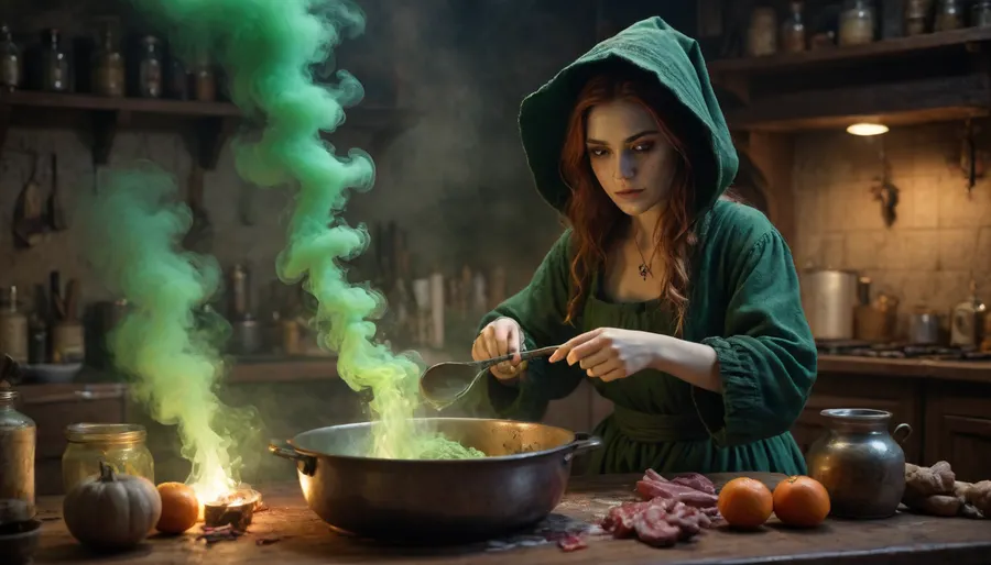 a Evil Salem Witch cooking a toxic potion. green smoke, Thick impasto strokes blend Carne Griffiths' surrealism with Monge's dreamy textures. lit with diffused HDR glow, low-contrast. dramatic chiaroscuro lighting, sharp textures, 8K.