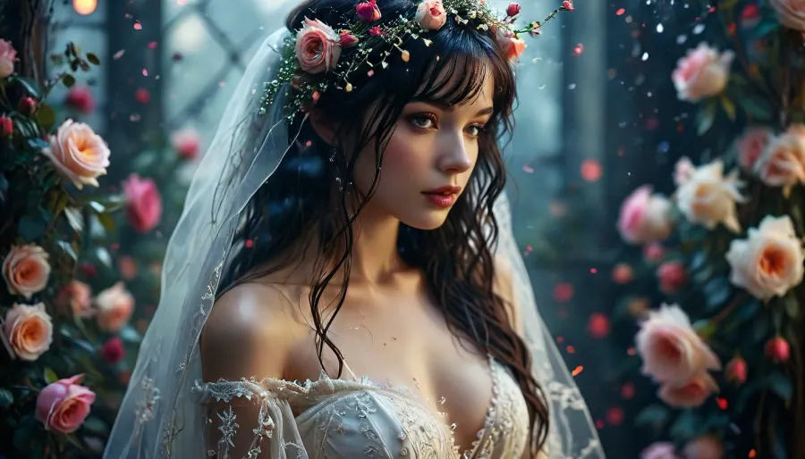 [KTA], (Dark Fantasy Artwork), artistic, low angle, detailed gothic ink drawing, fine linework, violet-magenta cosmic accents, sharp silhouettes, intricate lace, elegant horror, elegant profile portrait, clean white negative space, a belle roughly 40-year-old cosmic bride with a floral head, large lace bridal hat and veil, lavishly adorned with dark roses and ribbons, face entirely replaced by a dark veil of roses, long dark hair with straight bangs visible beneath the veil, calm, cold, eerie aura, cosmic elements within the veil, a deep galactic void filled with nebulae, stars, glowing particles, and dark cosmic smoke, dark, thorny vines winding around her like living shadows, holding a disturbing bridal bouquet of pale roses entwined with dripping shadows and interlaced roots, smoky, romantic cosmic decay, delicate, silent bridal nightmare, natural beauty, /KlTTY-ART/, <lora:COMFYUI_mimic_landscape_-_XL_SDXL v2.0:.1>, <lora:MJ52:.1>, <lora:attractive_notrigger:.1>