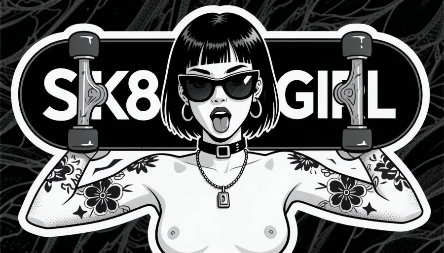 pure monochrome sticker illustration, high resolution black and white tattoo flash inspired graphic art, clean vector like linework, crisp inked contours, bold simplified shapes, dense solid black fills, subtle gray stippling and controlled cross hatching, screen printed sticker aesthetic, authentic die cut sticker appearance, strong graphic stylization, flat illustrative rendering, high contrast black gray and white palette, the typography is a priority element, on the left half of the board, "SK8", on the right half of the board, "GIRL", both inscriptions are separate typographic elements placed directly on the black underside of the board, SK8 must remain one compact uninterrupted three character alphanumeric logo, S followed immediately by K followed immediately by 8, all three characters on one horizontal baseline, tightly grouped, large, bold, crisp, white, and clearly readable, GIRL must remain one compact uninterrupted four letter wordmark on the right side, matching SK8 in typeface, weight, height, and visual presence, the trucks stay near the far outer ends and may overlap the typography only minimally while every character remains legible, adult nude woman, 25 years old, stylized punk board girl shown from approximately the waist upward, bold symmetrical frontal composition, perfectly centered, short straight jet black bob haircut ending around jaw length, heavy blunt fringe across the forehead, glossy graphic hair highlights, large oversized black sunglasses covering most of the upper face, thick shiny lenses with small white reflections, head tilted slightly backward, mouth open in a rebellious playful expression, full outlined lips, visible tongue, large circular hoop earrings, black choker with a small rectangular buckle, simple chain necklace with a small rectangular padlock pendant, small firm upturned breasts with long prominent nipples, exaggerated comic pinup proportions, both arms raised outward and upward while holding the board horizontally behind her head and shoulders, hands gripping the board close to both outer ends, board viewed from below with trucks and wheels clearly visible, simplified but recognizable hardware, several tattoo motifs across both forearms and upper arms, bold flowers, tiny symbols, decorative flash style elements, crisp black outlines around the full silhouette, broad white die cut sticker border surrounding the woman and the board, thin black outer contour, isolated physical sticker resting on dark wrinkled textured fabric, authentic printed surface, slightly distressed ink texture, gently uneven die cut edge, visually very close to classic underground skate sticker art and black ink pinup flash illustration