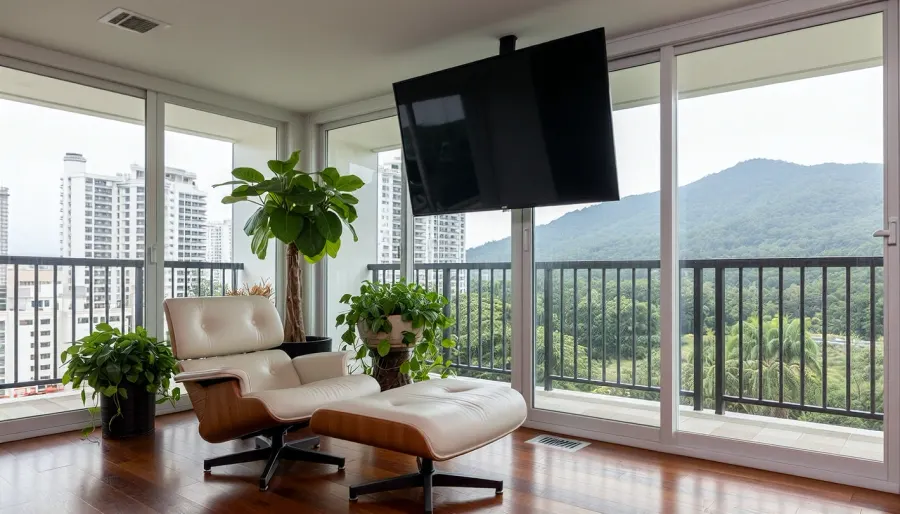The scene is a high-rise apartment, skyscraper, large floor to ceiling windows, 100 year old mahogany floors, there is a thick cushioned ergonomic cream colored leather chaise lounge, a large Epipremnum aureum, money plant, a Ceylon creepera, ivy arum, 75 inch TV is hanging from the ceiling the 12ft ceiling, a balcony, far in the distance is a mountain that is deeply forested. At