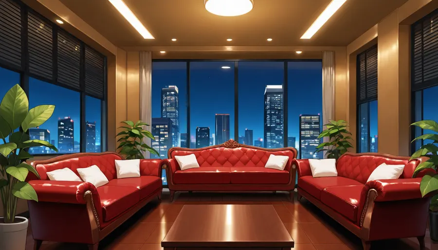 The scene is a high-rise apartment, skyscraper, large floor to ceiling windows, aged mahogany floors, a cream colored leather chaise lounge, a large Epipremnum aureum, money plant, a 75 inch TV is on the wall, a balcony.