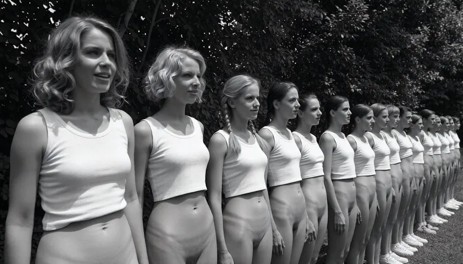 A black and white vintage photograph of a long, diagonal line of 20 year old nude women standing at attention outdoors, arranged in a receding row that stretches from the left foreground into the right background. The closest woman on the far left has wavy, shoulder-length light hair and wears only a white sleeveless tank top, her vagina is visible, reservedly smile and her gaze is directed slightly to her left, away from the camera. Beside her, the second woman has short, curly blonde hair framing her face, her gaze is directed slightly to her left, away from the camera, reservedly smile, only the same white tank top, her vagina is visible. The third woman, positioned near the center of the frame, has braided blonde twintails and her gaze is directed slightly to her left, wearing only the identical white top, her vagina is visible. To her right, the fourth woman her gaze is directed slightly to her left, and dark hair pulled back. The remaining women in the line recede into the distance to the right, each wearing only matching white tank tops, with their faces becoming progressively smaller and softer in focus, creating a strong sense of receding perspective. The women are standing close together, shoulder to shoulder, with their arms at their sides, forming a rigid, disciplined formation. Behind them, a dense wall of dark, leafy trees fills the background, rendered as a textured, out-of-focus mass of foliage. The lighting is bright, direct sunlight coming from the upper left, casting sharp, distinct shadows on the women' faces and clothing, with the first three women receiving the strongest, most sculpted illumination. The photograph has a grainy, high-contrast, black and white film aesthetic typical of mid-20th-century documentary or propaganda photography, with deep blacks in the shorts and background foliage and bright whites in the tank tops. The composition is a dynamic diagonal line that leads the eye from the bottom left to the upper right, emphasizing uniformity, youth, and disciplined group identity. The atmosphere is serious and formal, yet also marked by a certain cheerful lightness, it captures a moment of collective stillness and disciplined order in a sun-drenched, open-air setting.