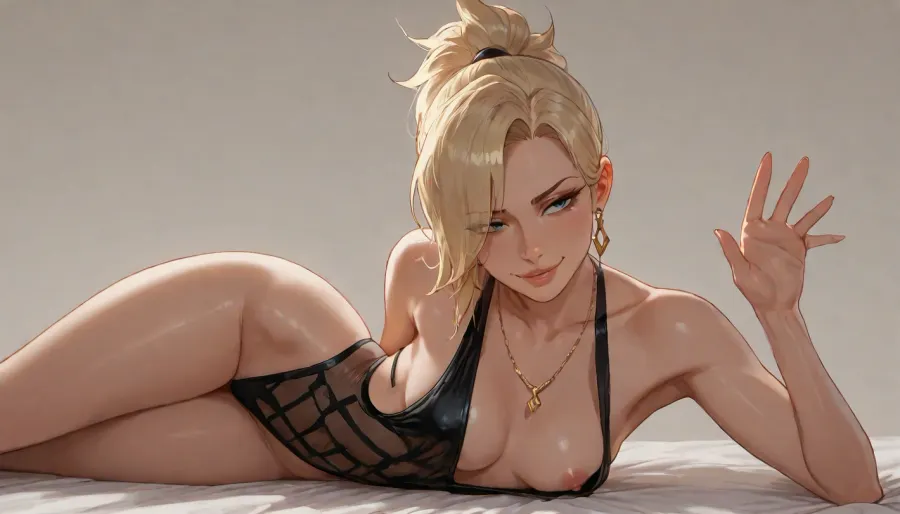 melkor_mancin style, bold black outlines, vibrant flat colors, without shading, clean lines, mature Mercy from Overwatch, blonde, light blue eyes, mature face, petite body, skinny, small medium breasts, intimate pose, laying on her side, (breast falling out), pointy nipple, seductive smirk, sexy pose, modern fashion, one-piece tube top, maximum simplicity, clean flat coloring, no complex details, no gradients, no shine, ((white background)), sexy backlight, glowing