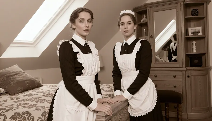 vintage sepia, époque victorienne, deux femmes habillées en soubrette, dans une chambre mansardée d'un hôtel particulier