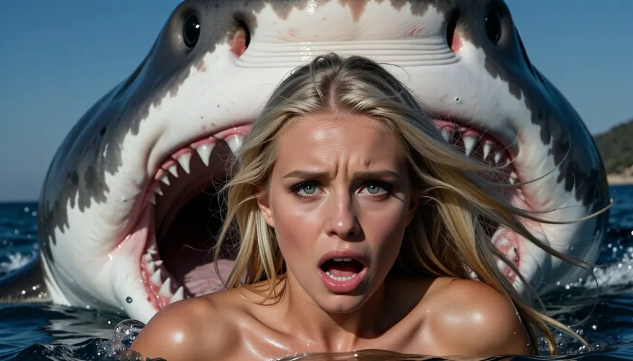 An extremely beautiful, naked blonde woman fleeing in the sea from a massive, man-eating great white shark. She is terrified, with sheer dread and fear visible in her eyes. The frame captures her face in striking, razor-sharp detail—her features are perfect, with large, wide-open eyes reflecting a desperate struggle for survival. Behind her, a colossal shark looms with its jaws agape, revealing its teeth and large, dark, sinister eyes.