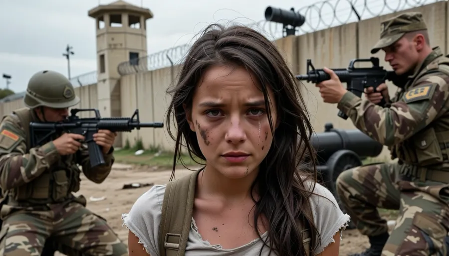 Young, vulnerable victims of sexual violence beg soldiers on their knees to spare their lives, torn scraps of clothing, the rifles of uniformed, depraved military men aimed at the victims of sexual violence, a high border wall, barbed wire, guard towers, searchlights, and cannons.her hair is disheveled, and her face is smudged with dirt. A front-facing shot with direct eye contact—she is looking straight into the viewer's eyes. There are tears on her cheeks.