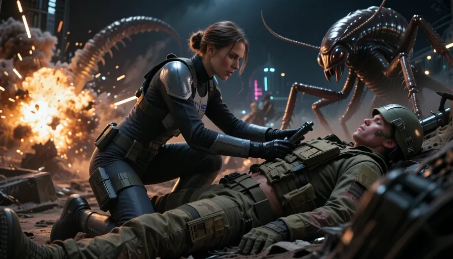 (Starship Troopers Movie Style), Female medic, tending to a wounded soldier, BREAK, futuristic battlefield, explosions, giant alien bugs, night, dynamic angle, photo-realistic, highly detailed