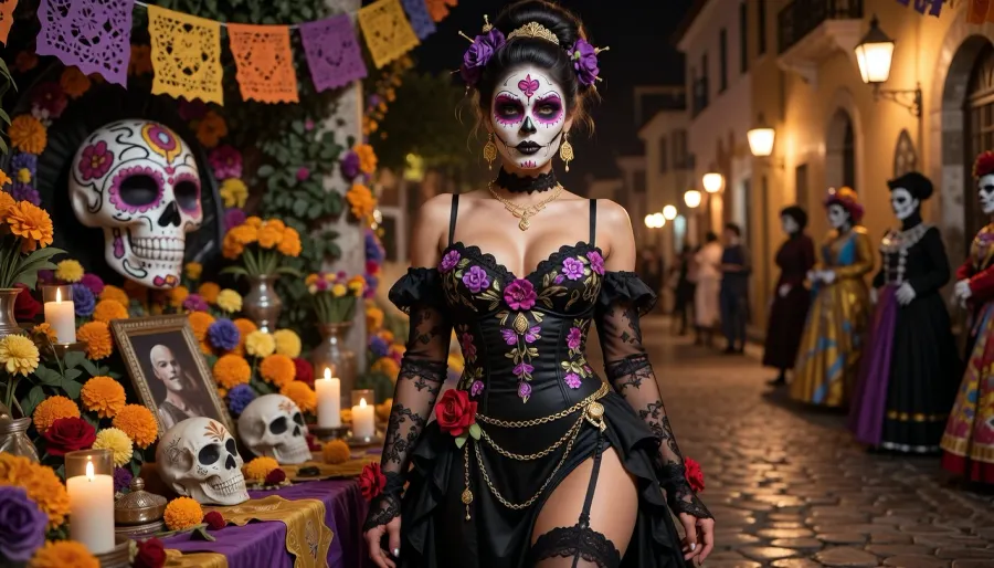 A lifelike woman wearing a perfect Día de los Muertos-style Calavera makeup look stands on a festive, cobblestone-paved street at night, gazing directly into the camera. Her face is painted white with black eye sockets, styled to resemble a skull, featuring purple-and-pink floral patterns on her forehead, eyeliner around her black eye sockets, and black lips. Her dark hair is pulled back into a high bun adorned with purple flowers and a gold tiara. A black off-the-shoulder corset dress with purple flower embroidery, gold chains at the waist, lace sleeves, and a deep slit. Red roses on her thigh and wrists, the top of a lace stocking is visible, she wears gold earrings, a gold necklace, and a black lace choker. To the side is an altar with a huge decorated skull, bright orange and yellow marigolds, red and purple roses, burning candles, a portrait of a man, and sugar skulls. Colorful papel picado, (purple, yellow, orange), hangs above the street. In the background are people in traditional costumes and with skull-themed makeup, the warm glow of lanterns and candles, the atmosphere of a nighttime Day of the Dead celebration, high quality, detailed rendering, and cinematic lighting.