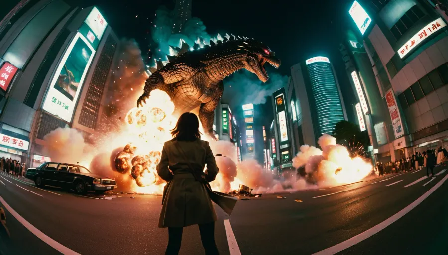 Godzilla destroying the streets of Neo-Tokyo at night, 7mm fish-eye lens, bird's eye view, explosions, woman behind camera