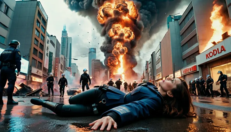 Женщина в белом платье и высокие каблуки бежит по улицам разрушенного города, ее длинные коричневые волосы летают за ней. Внезапно она останавливается на своих треках, когда видит Годзиллу, легендарного монстра от японского народа