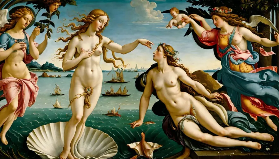 La pintura representa la famosa pintura "El Nacimiento de Venus" de Sandro Botticelli, con alta resolución y detallada elaboración de detalles. La mujer está pintada en la cáscara de un corazón acanalado o de una estafa, impulsada por el viento