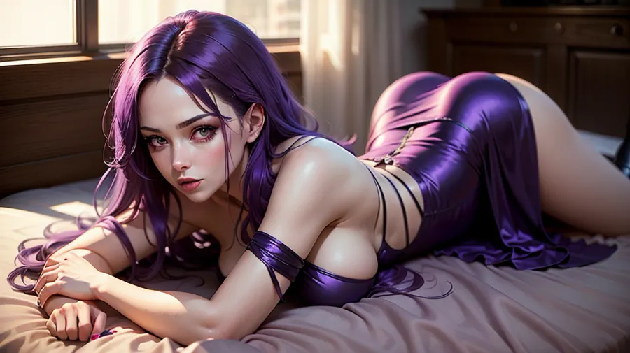 Une femme aux cheveux violets et une robe mince se trouve sur le lit, sa robe en soie révélant ses seins nus. Elle a un corps luxuriant et est à quatre pattes, prête à être prise par l'homme devant elle. La photo est
