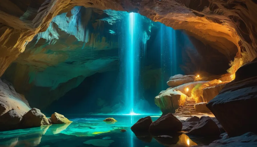 En el corazón de la cueva, una piscina de agua mágica brillaba con cristales bioluminiscentes. Las magníficas paredes cavernas estaban adornadas con detalles intrincados y paisajes surrealistas. Las imágenes gigantes e intrincadas pintadas en las paredes descritas