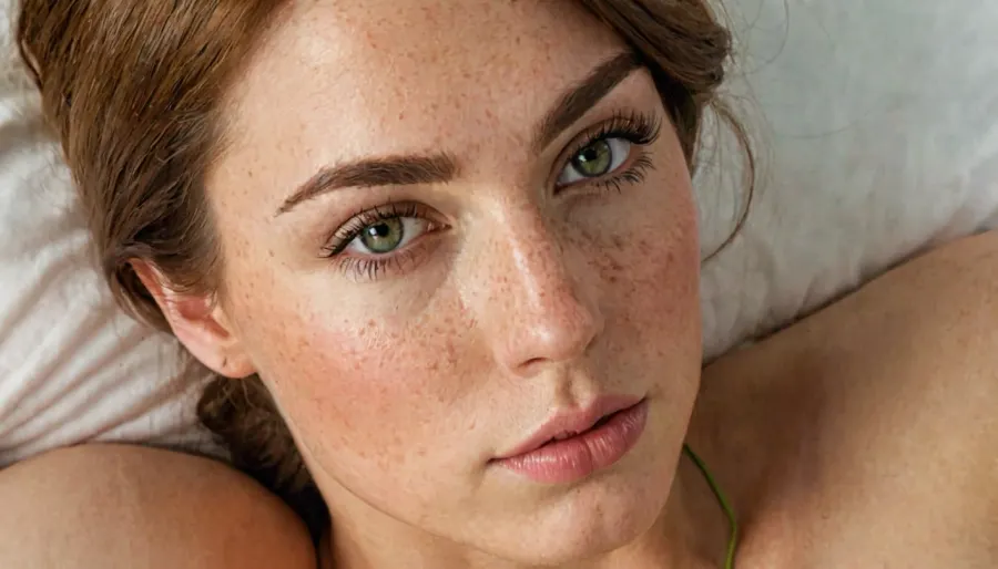 高品质的摄影现实主义画像,描绘了一位皮肤超细,雀斑的年轻女性,仙女发型抓住了她的自然美和魅力. 她的嘴唇满满又多汁 她的双眼睁着