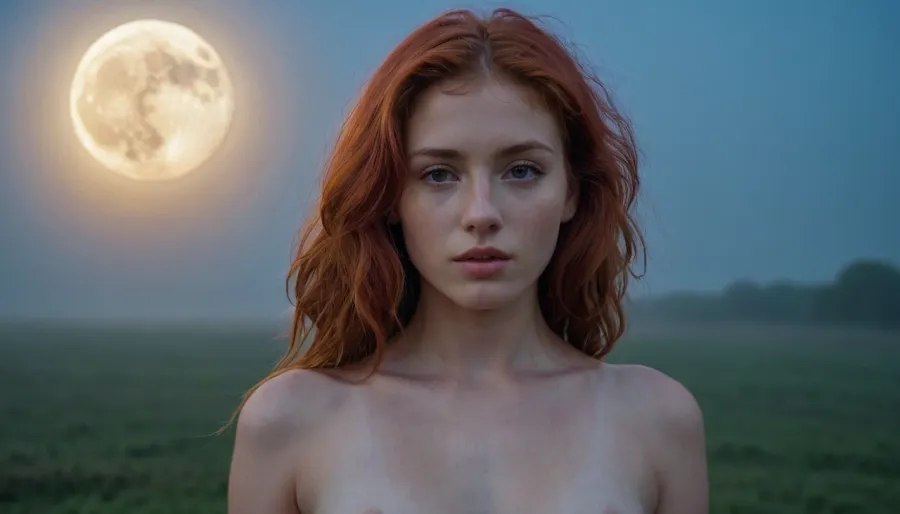 一个赤裸裸的女子,头发红,眼睛深蓝色,站在雾中,她完美的身体被月光照亮. 她手里拿着相机,拍下周围的世界. 光线低 很难看到细节,